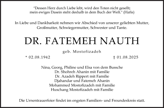Traueranzeige von Fatemah Nauth von Mannheimer Morgen
