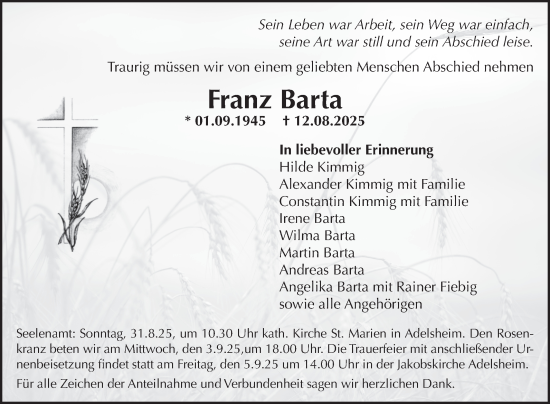 Traueranzeige von Franz Barta von Fränkische Nachrichten