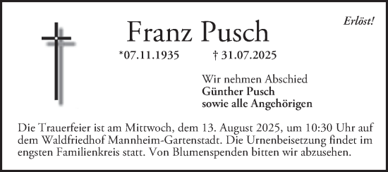 Traueranzeige von Franz Pusch von Mannheimer Morgen