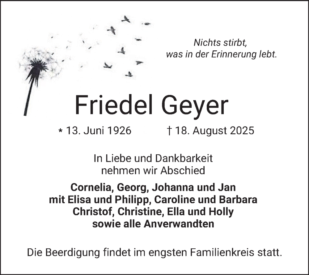  Traueranzeige für Friedel Geyer vom 30.08.2025 aus Bergsträßer Anzeiger