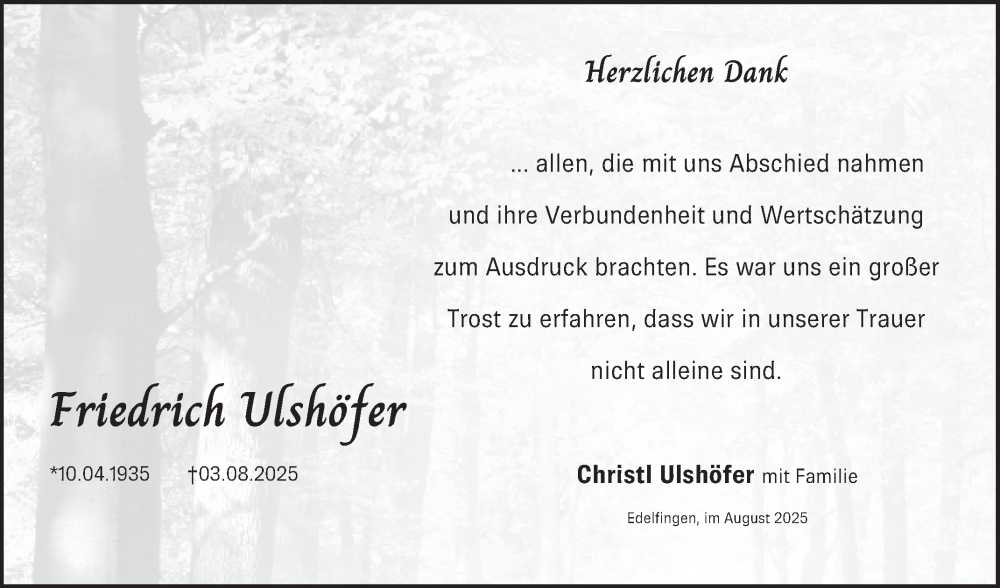  Traueranzeige für Friedrich Ulshöfer vom 26.08.2025 aus Fränkische Nachrichten