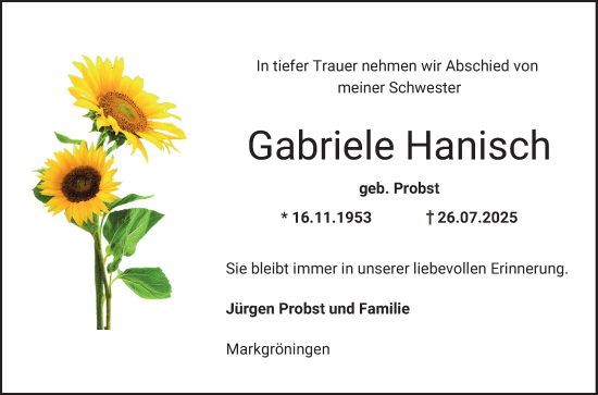 Traueranzeige von Gabriele Hanisch von Mannheimer Morgen