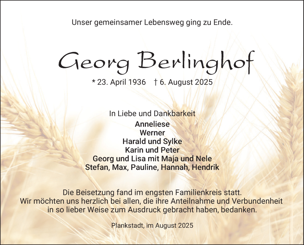  Traueranzeige für Georg Berlinghof vom 23.08.2025 aus Schwetzinger Zeitung