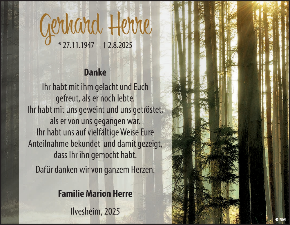  Traueranzeige für Gerhard Herre vom 30.08.2025 aus Mannheimer Morgen