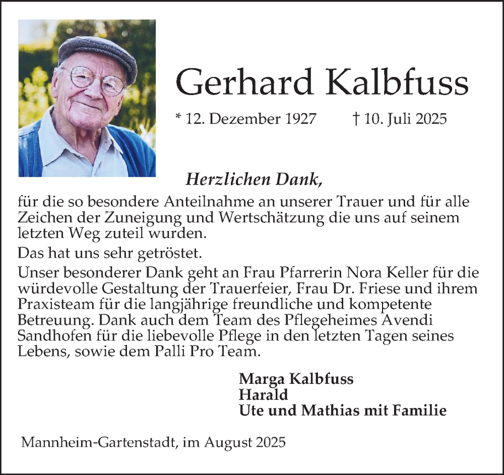  Traueranzeige für Gerhard Kalbfuß vom 02.08.2025 aus Mannheimer Morgen