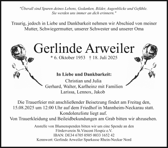 Traueranzeige von Gerlinde Arweiler von Mannheimer Morgen