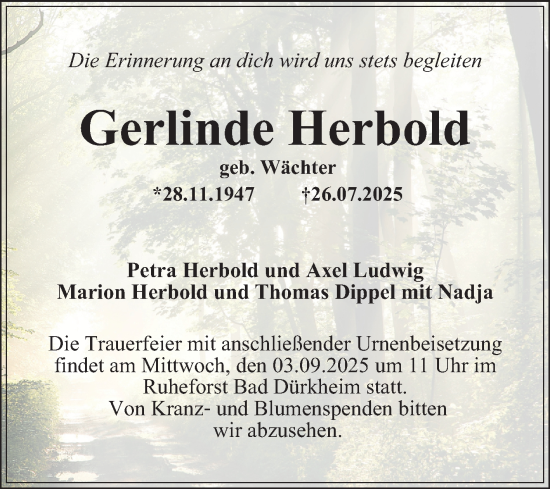 Traueranzeige von Gerlinde Herbold von Mannheimer Morgen