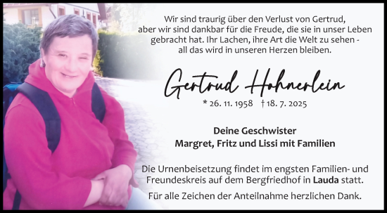 Traueranzeige von Gertrud Hohnerlein von Fränkische Nachrichten