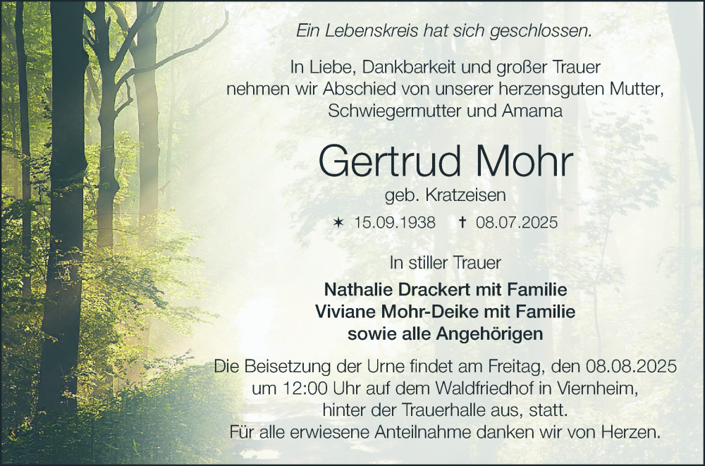  Traueranzeige für Gertrud Mohr vom 02.08.2025 aus Mannheimer Morgen
