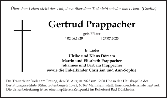 Traueranzeige von Gertrud Prappacher von Mannheimer Morgen