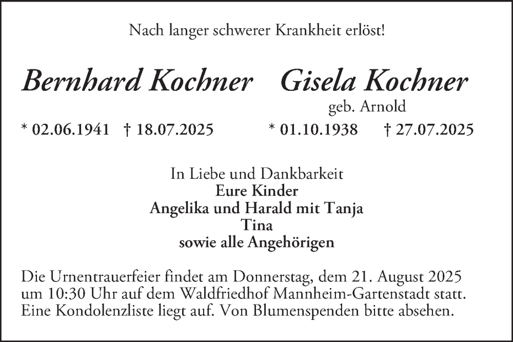  Traueranzeige für Gisela Kochner vom 16.08.2025 aus Mannheimer Morgen