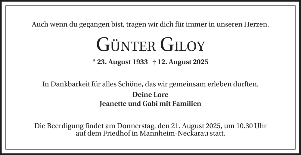  Traueranzeige für Günter Giloy vom 16.08.2025 aus Mannheimer Morgen