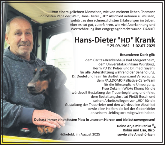 Traueranzeige von Hans-Dieter Krank von Fränkische Nachrichten