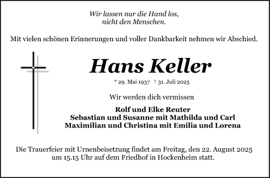 Traueranzeige von Hans Keller von Schwetzinger Zeitung