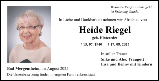 Traueranzeige von Heide Riegel von Fränkische Nachrichten