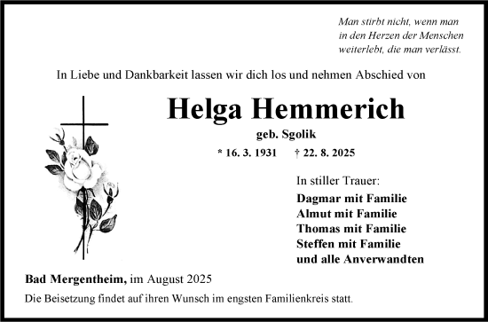 Traueranzeige von Helga Hemmerich von Fränkische Nachrichten