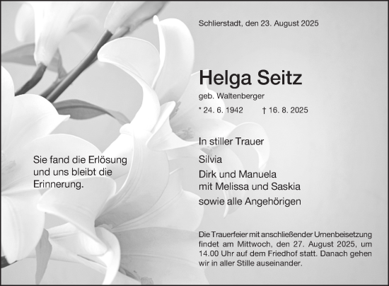 Traueranzeige von Helga Seitz von Fränkische Nachrichten