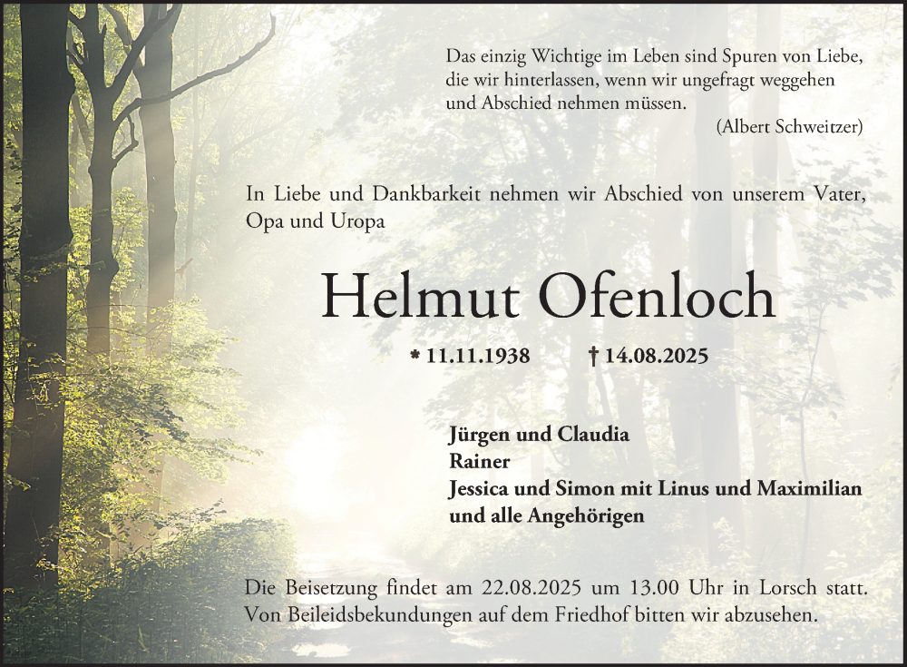  Traueranzeige für Helmut Ofenloch vom 16.08.2025 aus Bergsträßer Anzeiger