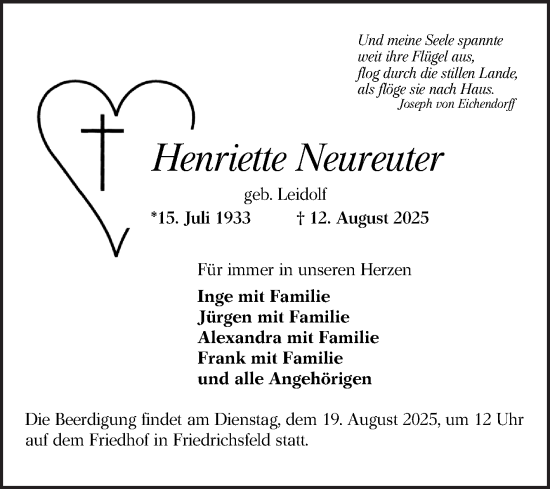 Traueranzeige von Henriette Neureuter von Mannheimer Morgen