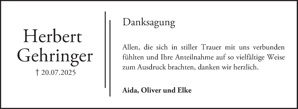 Traueranzeige für Herbert Gehringer vom 30.08.2025 aus Bergsträßer Anzeiger