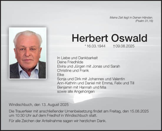 Traueranzeige von Herbert Oswald von Fränkische Nachrichten