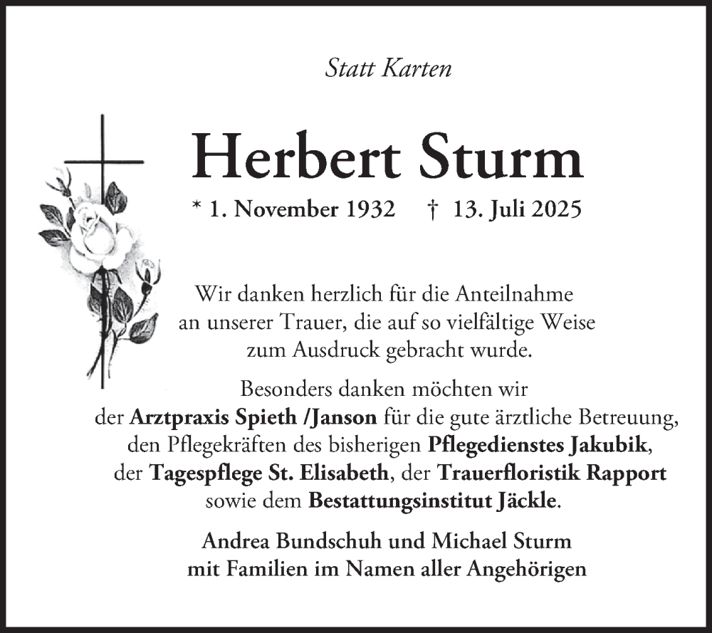  Traueranzeige für Herbert Sturm vom 23.08.2025 aus Schwetzinger Zeitung