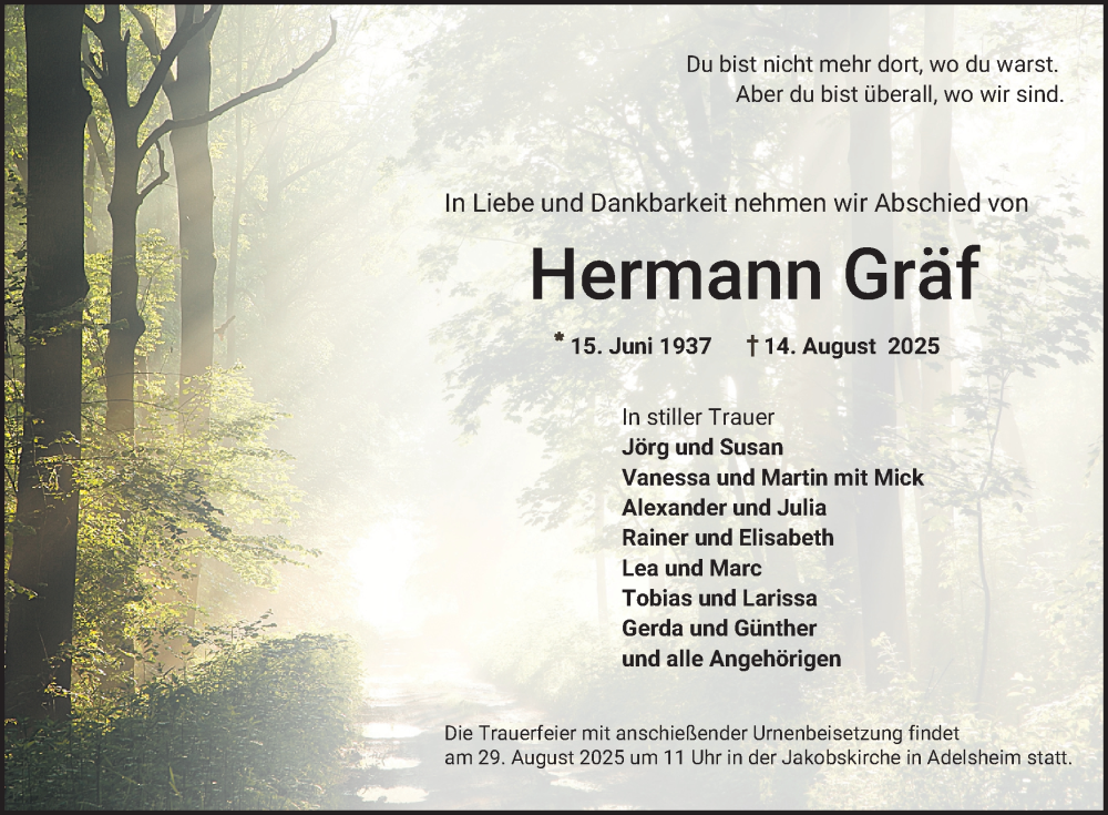 Traueranzeige für Hermann Gräf vom 23.08.2025 aus Fränkische Nachrichten