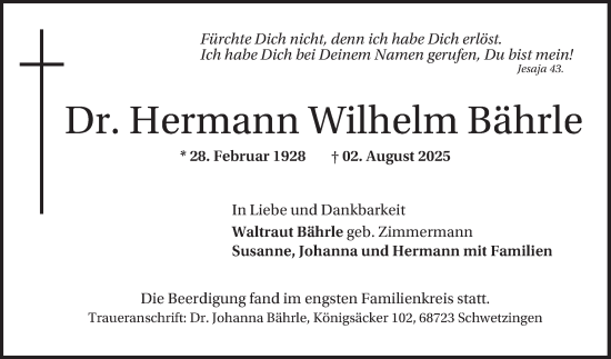 Traueranzeige von Hermann Wilhelm Bährle von Schwetzinger Zeitung