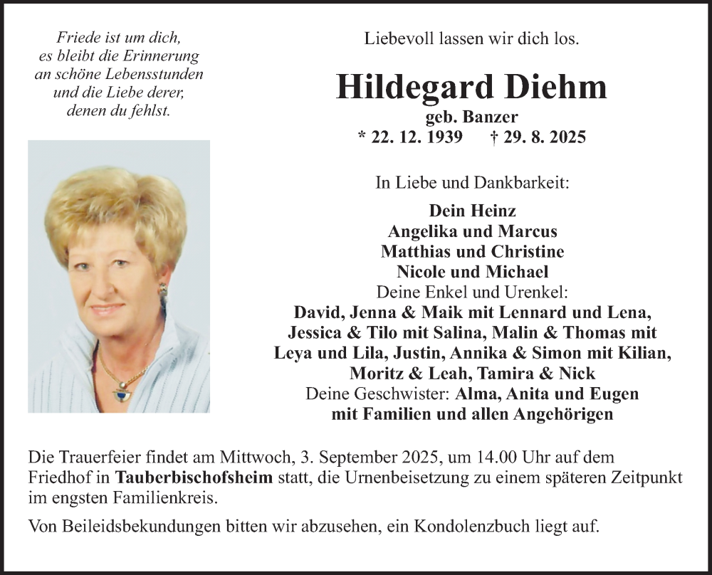  Traueranzeige für Hildegard Diehm vom 30.08.2025 aus Fränkische Nachrichten