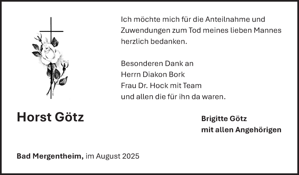  Traueranzeige für Horst Götz vom 11.08.2025 aus Fränkische Nachrichten