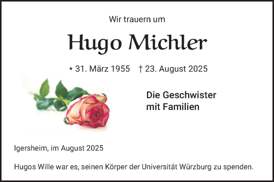 Traueranzeige von Hugo Michler von Fränkische Nachrichten