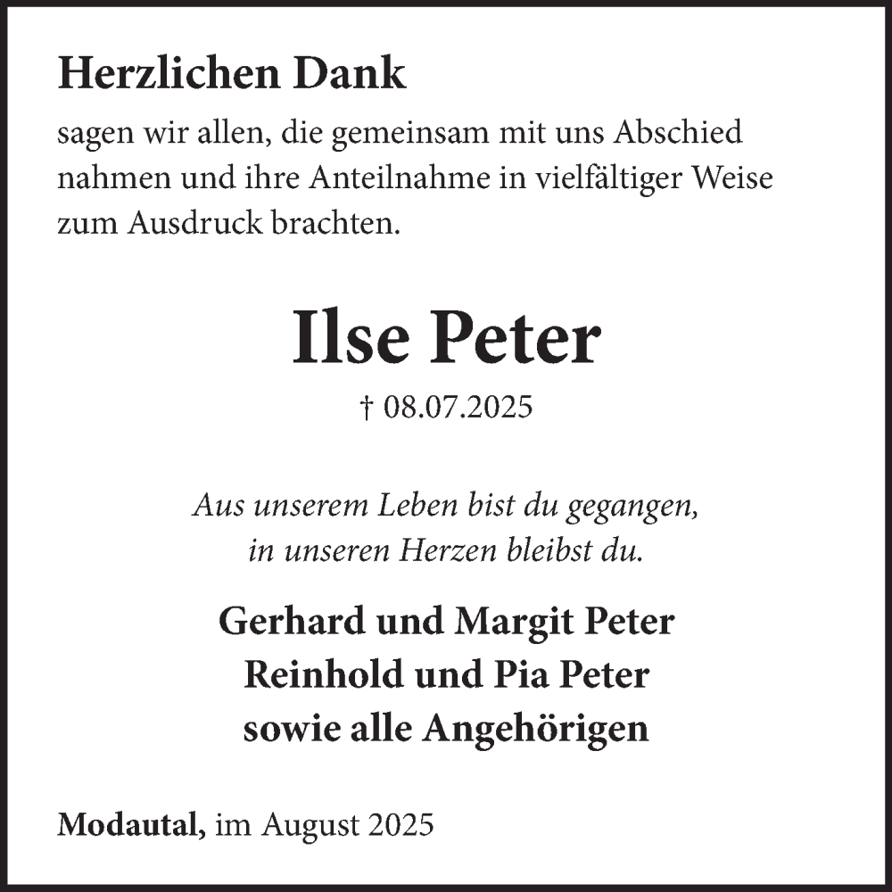  Traueranzeige für Ilse Peter vom 09.08.2025 aus Bergsträßer Anzeiger