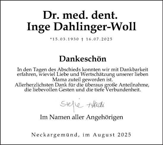 Traueranzeige von Inge Dahlinger-Woll von Mannheimer Morgen