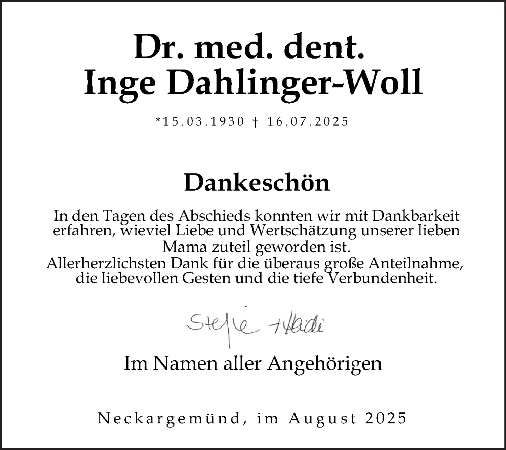 Traueranzeige für Inge Dahlinger-Woll vom 23.08.2025 aus Mannheimer Morgen