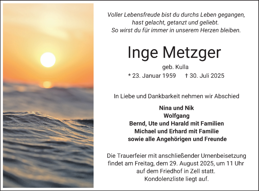  Traueranzeige für Inge Metzger vom 23.08.2025 aus Bergsträßer Anzeiger