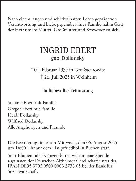 Traueranzeige von Ingrid Ebert von Fränkische Nachrichten