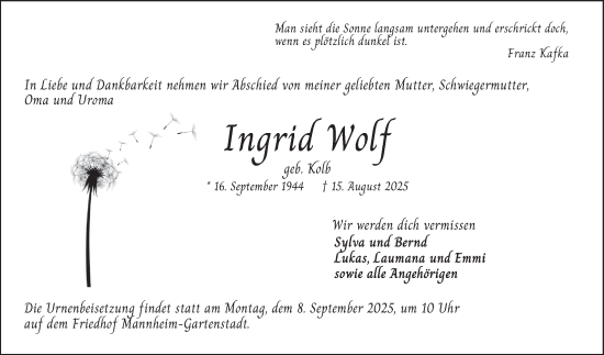 Traueranzeige von Ingrid Wolf von Mannheimer Morgen