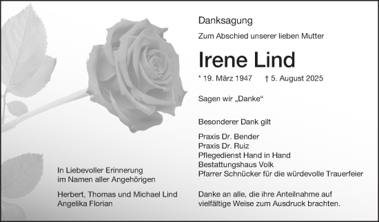 Traueranzeige von Irene Lind von Fränkische Nachrichten