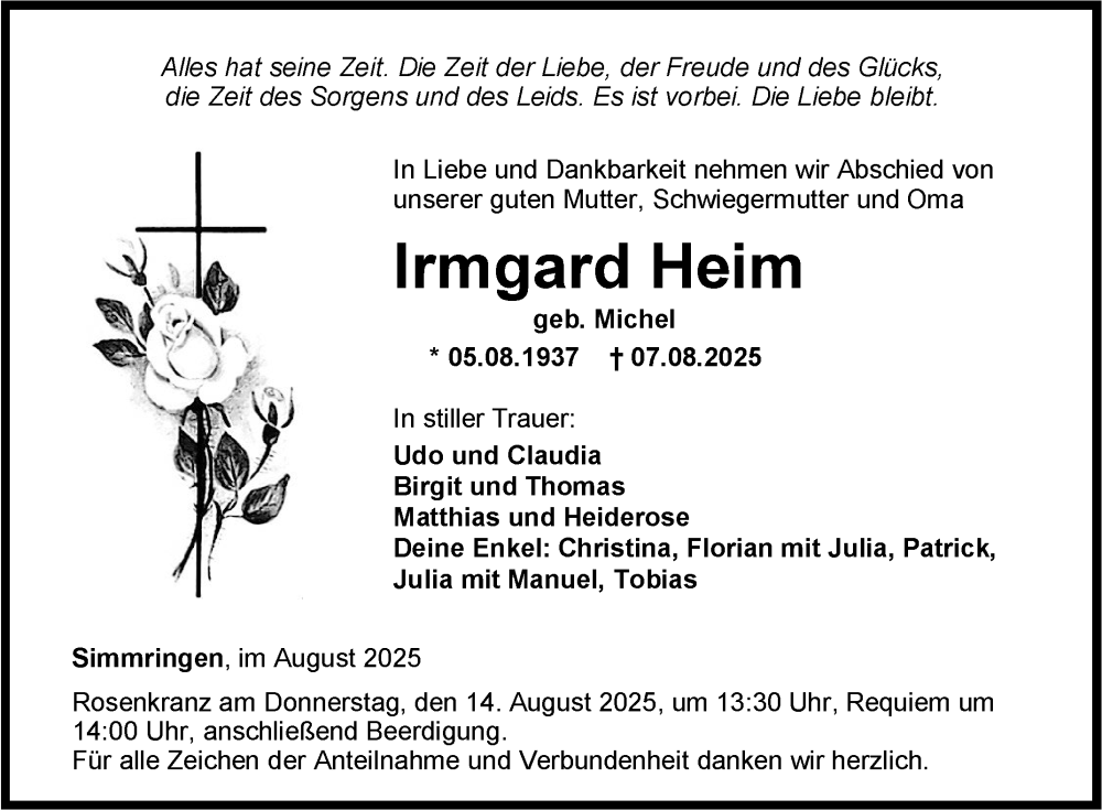  Traueranzeige für Irmgard Heim vom 12.08.2025 aus Fränkische Nachrichten
