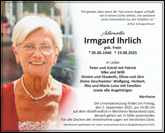 Traueranzeige von Irmgard Ihrlich von Fränkische Nachrichten