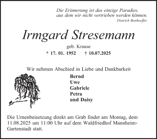 Traueranzeige von Irmgard Stresemann von Mannheimer Morgen
