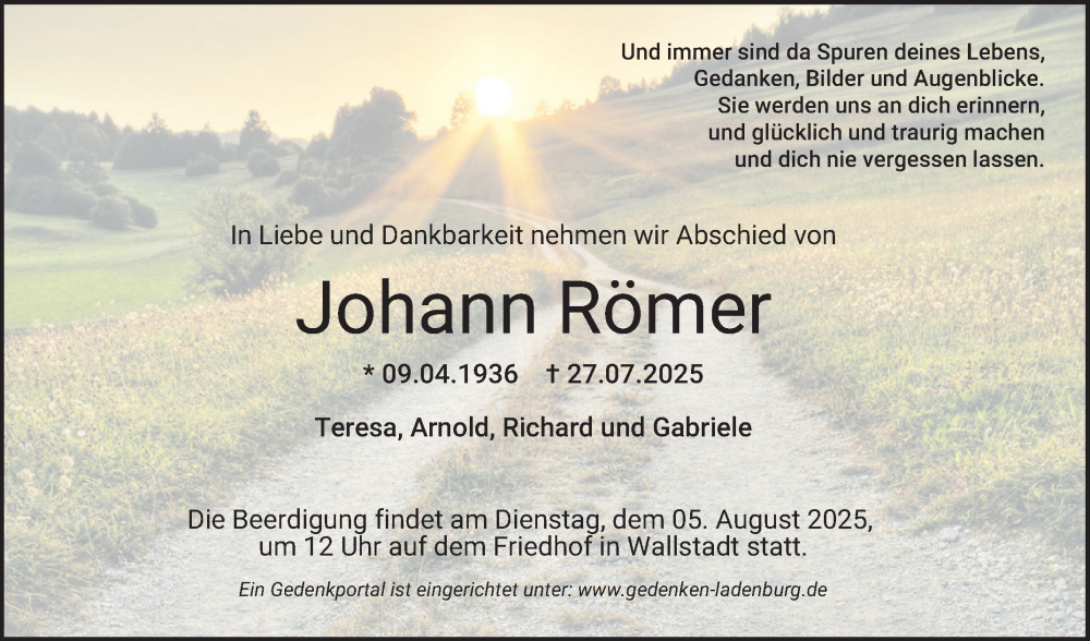  Traueranzeige für Johann Römer vom 02.08.2025 aus Mannheimer Morgen