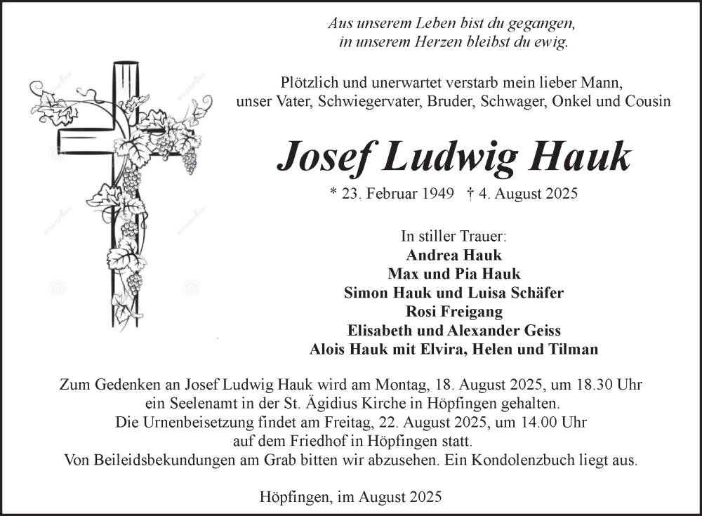  Traueranzeige für Josef Ludwig Hauk vom 16.08.2025 aus Fränkische Nachrichten