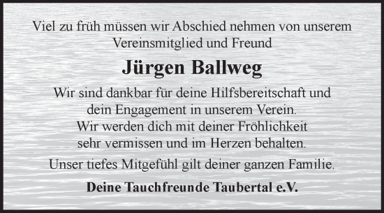 Traueranzeige von Jürgen Ballweg von Fränkische Nachrichten