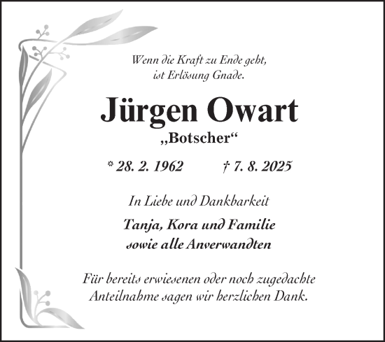 Traueranzeige von Jürgen Owart von Fränkische Nachrichten