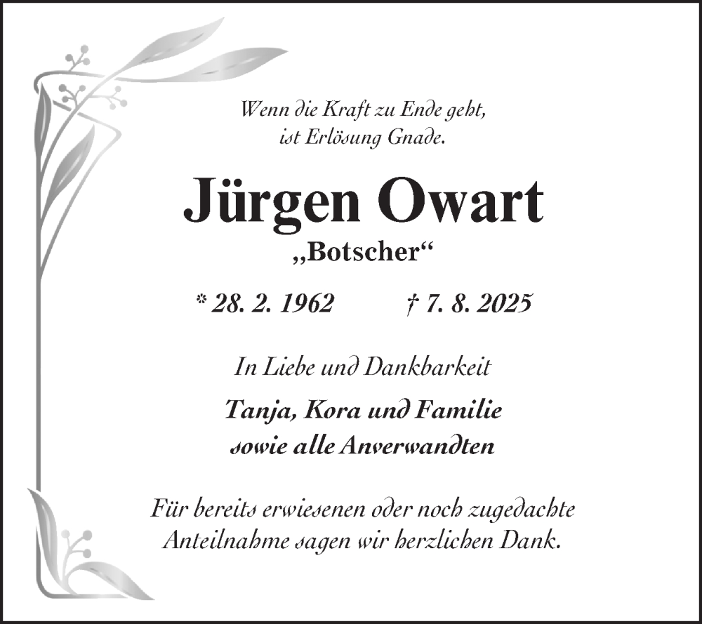  Traueranzeige für Jürgen Owart vom 16.08.2025 aus Fränkische Nachrichten