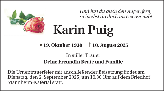 Traueranzeige von Karin Puig von Mannheimer Morgen