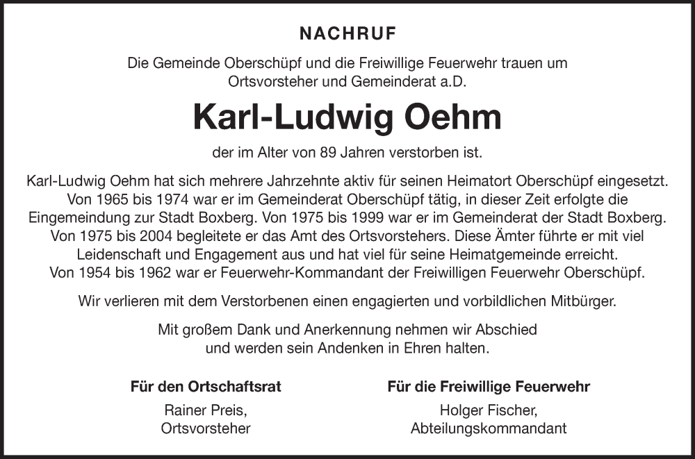  Traueranzeige für Karl-Ludwig Oehm vom 04.08.2025 aus Fränkische Nachrichten