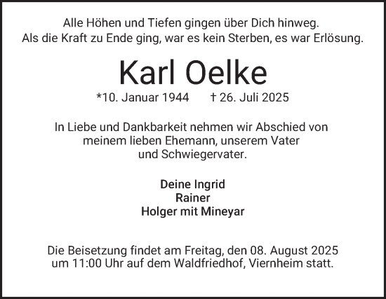 Traueranzeige von Karl Oelke von Mannheimer Morgen