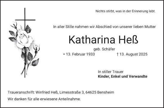 Traueranzeige von Katharina Heß von Bergsträßer Anzeiger